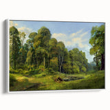 Framed canvas wall art depicting a serene countryside landscape with vibrant greens and soft blues, showcasing a peaceful rural scene. Perfect for home decor.