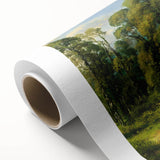 Rolled canvas print showcasing a serene countryside landscape design, featuring vibrant greens and soft blues, ideal for home decor in a rustic setting.