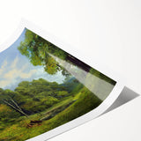 Rolled print of serene countryside landscape wall art, showcasing lush greenery and rolling hills, packaged in protective cardboard tube for safe delivery.