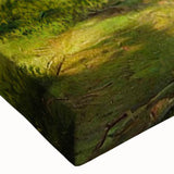 Close-up of a stretched canvas wall art piece depicting a serene countryside landscape, featuring vibrant greens and blues, perfect for home decor.