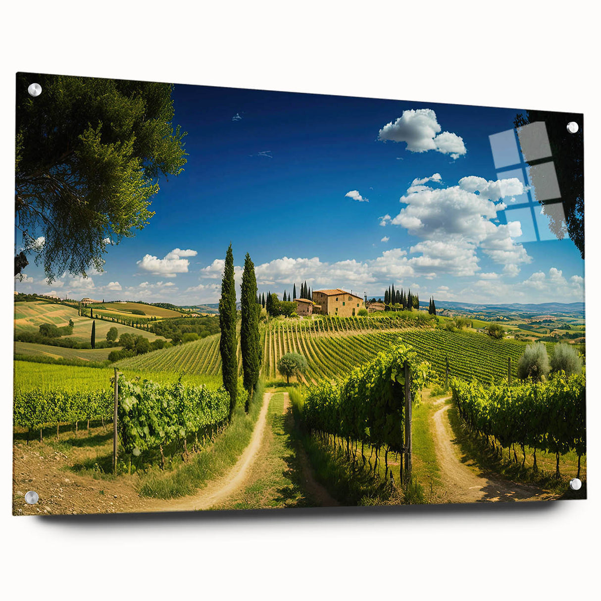 Acrylic wall art collection showcasing a vibrant countryside landscape design, displayed from a side view with silver pins, perfect for modern home decor.