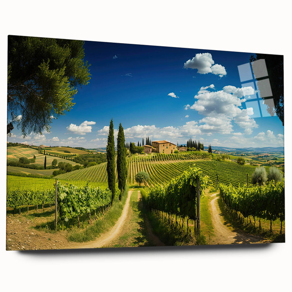 Acrylic glass wall art collection showcasing a serene countryside landscape with lush greenery and rolling hills, elegantly displayed in a modern setting. Ideal for home decor enthusiasts.