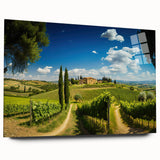 Acrylic glass wall art collection showcasing a serene countryside landscape with lush greenery and rolling hills, elegantly displayed in a modern setting. Ideal for home decor enthusiasts.