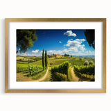 Framed wall art collection showcasing a vibrant countryside landscape, featuring rich green fields and a serene sky with gold accents, perfect for home decor.