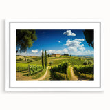 Framed wall art featuring a serene countryside landscape design in a white mat and frame, ideal for home decor. The artwork showcases vibrant colors and intricate details, enhancing any interior space.