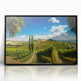 Framed wall art featuring a serene countryside landscape design, showcasing vibrant green fields and a blue sky, set in a sleek black frame for modern decor.