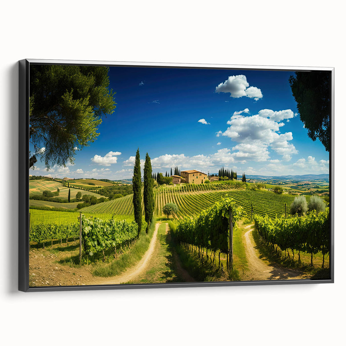 Framed wall art featuring a serene countryside landscape design with vibrant colors, displayed from a black side view, perfect for home decor enhancement.