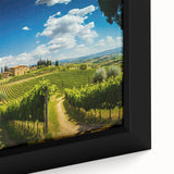 Framed canvas wall art displaying a serene countryside landscape with vibrant green fields and a blue sky, perfect for home decor that evokes tranquility and nature.