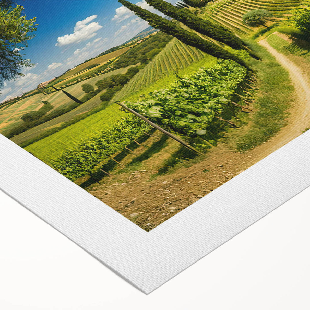 Beautiful rolled canvas wall art depicting a serene countryside landscape with lush green fields and a vibrant blue sky, perfect for home decor and enhancing interior spaces.