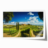 Rolled print showcasing a serene country-side landscape design, featuring lush green fields and a vibrant blue sky, ideal for home decor.