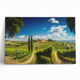 Stretched canvas wall art showcasing a serene countryside landscape with vibrant green fields, rolling hills, and a clear blue sky, perfect for rustic home decor.