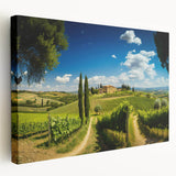 Stretched canvas wall art showcasing a serene countryside landscape with rolling hills and a vibrant sky, perfect for home decor and nature enthusiasts.