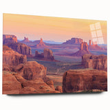 Desert landscape wall art collection displayed in acrylic glass, showcasing vibrant hues of orange and blue with a modern design, perfect for home decor.