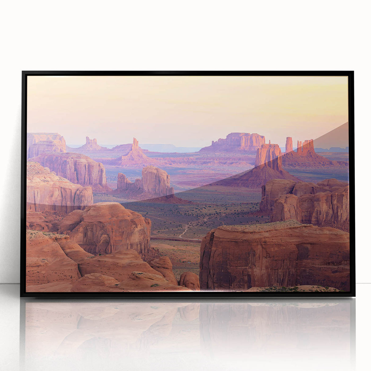 Framed acrylic wall art showcasing a stunning desert landscape design with vibrant colors and intricate details, featuring a sleek black frame for a modern aesthetic. Perfect for enhancing home decor with a touch of nature-inspired elegance.