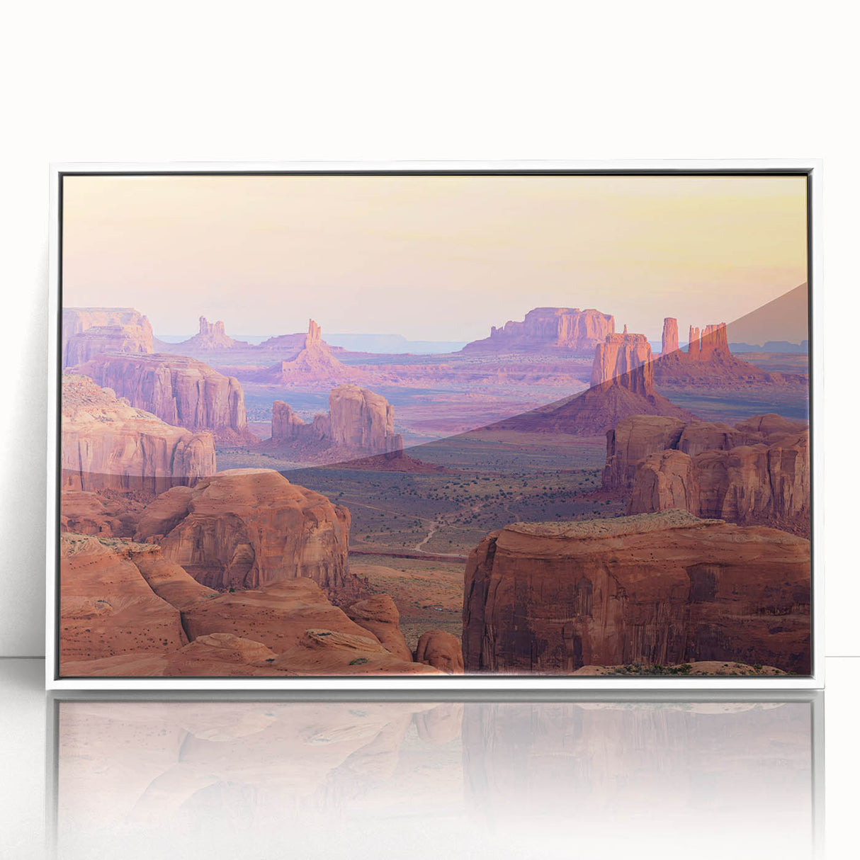 Framed acrylic wall art showcasing a serene desert landscape design, featuring soft earth tones and a minimalist white frame, perfect for modern home decor.