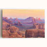 Stretched canvas wall art showcasing a vibrant desert landscape design, featuring warm hues of orange and red, perfect for modern home decor.