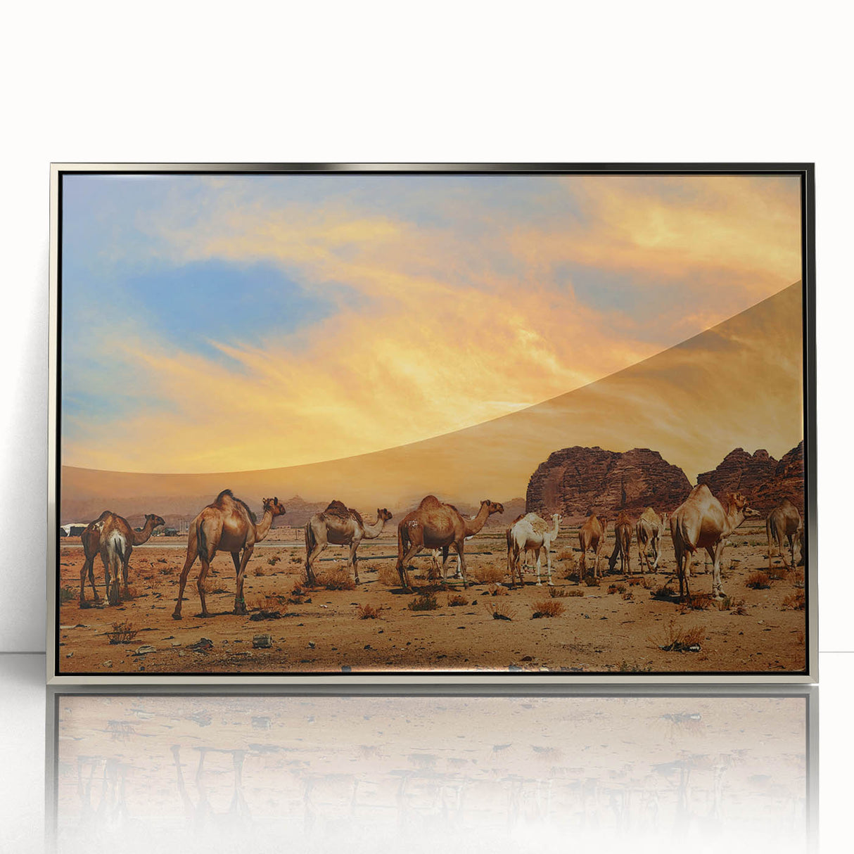Framed acrylic wall art featuring a stunning desert landscape design, showcasing vibrant colors and intricate details, ideal for modern home decor.