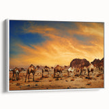 Framed canvas artwork depicting a vibrant desert landscape with warm earth tones, ideal for home decor or office aesthetics, showcasing a modern design in a white frame.