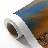 Desert landscape wall art on rolled canvas showcasing vibrant hues of orange and yellow with abstract mountain forms, ideal for modern home decor.