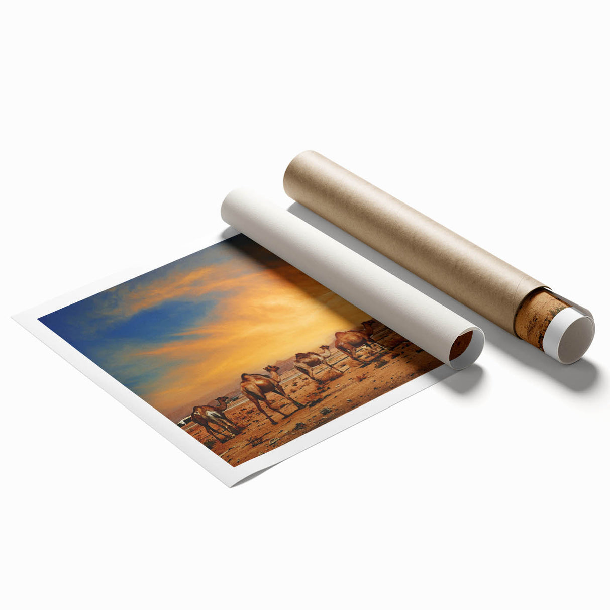 Desert landscape-themed wall art print showcasing vibrant hues of orange and yellow with abstract patterns, rolled for easy shipping and display.