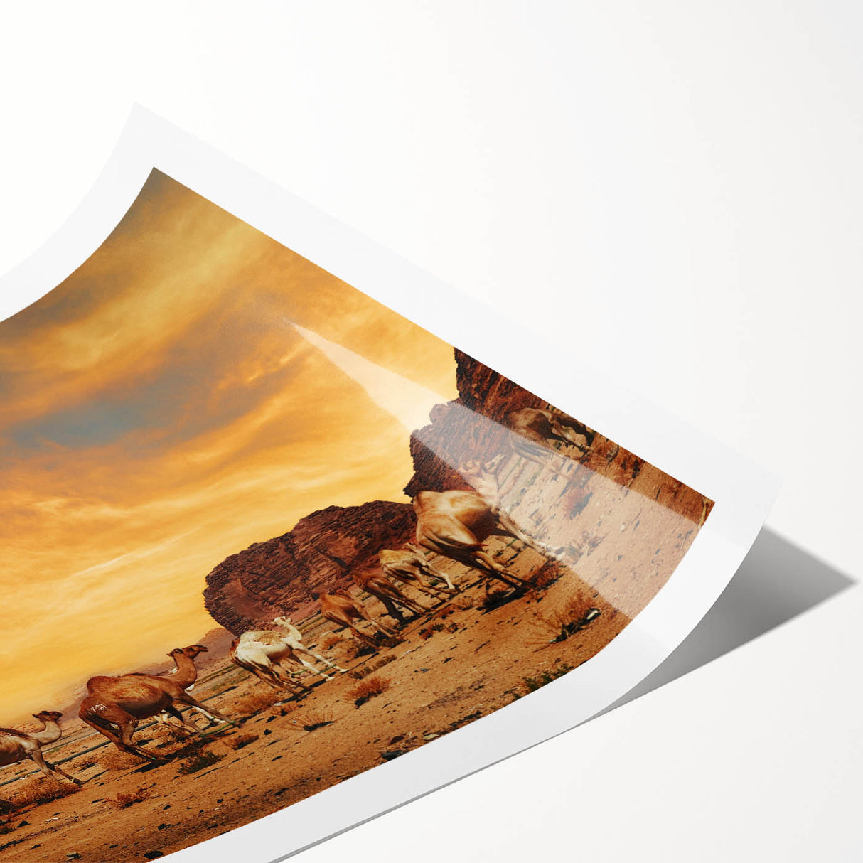 Desert landscape wall art design showcasing vibrant colors and intricate details, printed on high-quality canvas and rolled for easy transport and display.