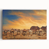 Vibrant desert landscape canvas wall art showcasing a stunning sunset with warm orange and purple hues, ideal for home decor or artistic inspiration.