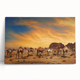 Stretched canvas wall art showcasing a vibrant desert landscape design, featuring warm tones of orange and yellow with soft, textured details, ideal for home decor.