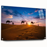 Acrylic glass wall art depicting a stunning desert landscape, showcasing vibrant colors and intricate details, framed with decorative pins for an elegant display.