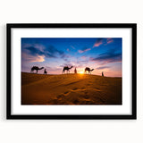 Framed desert landscape wall art with a black mat, showcasing vibrant colors and intricate details, perfect for modern home decor and aesthetic enhancement.