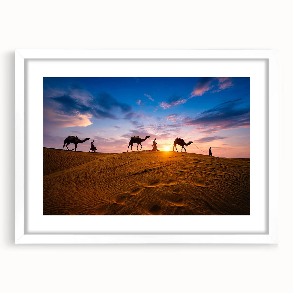 Desert landscape wall art framed with a white mat, showcasing vibrant colors and intricate details, perfect for enhancing modern home decor aesthetics.