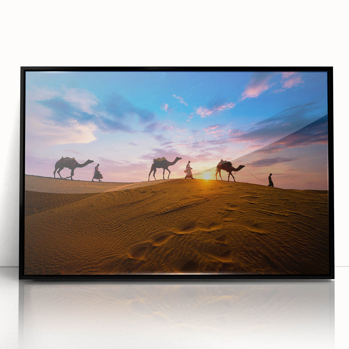 Framed acrylic wall art featuring a stunning desert landscape design with vibrant colors, showcased in a sleek black frame, perfect for modern home decor.