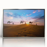 Framed acrylic wall art showcasing a stunning desert landscape design with vibrant colors, silver frame, and a modern aesthetic, perfect for home decor.