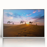 Framed acrylic wall art showcasing a vibrant desert landscape design with warm earthy tones, featuring a white frame and clear glass front. Perfect for modern home decor.