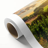 Desert landscape wall art design on rolled canvas showcasing warm tones of orange and beige, highlighting serene dunes and a clear blue sky, ideal for home decor.