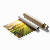 Desert landscape wall art print showcasing vibrant hues of orange and yellow, depicting a serene sunset over sand dunes, ideal for home decor.