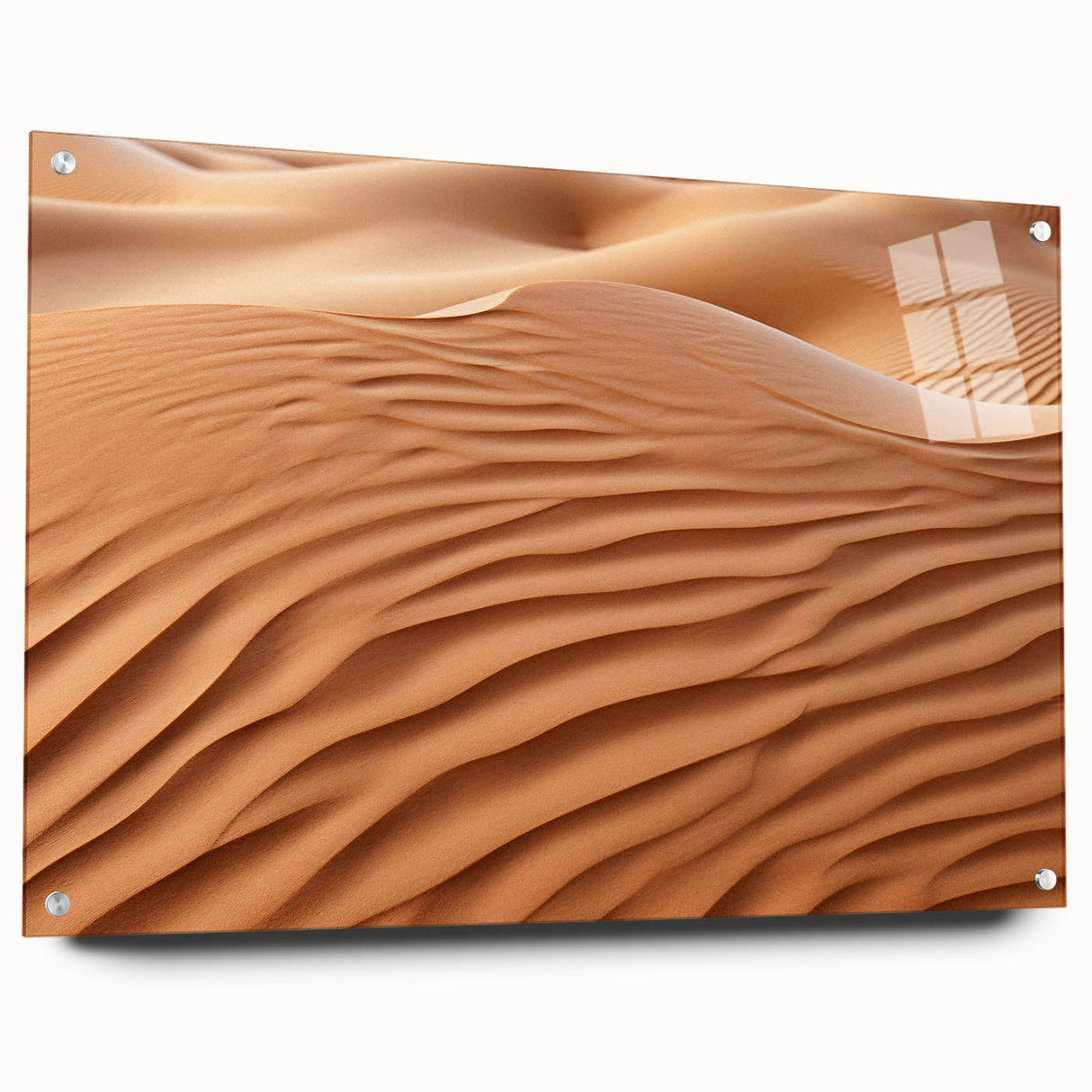 Side view of acrylic glass wall art showcasing a vibrant desert landscape design, featuring intricate details and colors, elegantly mounted with pins for display.
