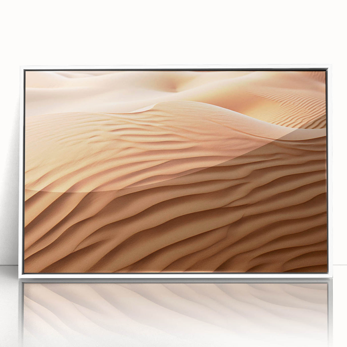 Framed wall art featuring a vibrant desert landscape design with acrylic finish, showcasing warm hues of orange and yellow against a white frame, perfect for modern decor.