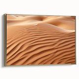 Framed canvas wall art showcasing a desert landscape design with warm gold accents, ideal for modern home decor. Side view highlights its elegant frame and artistic detail.