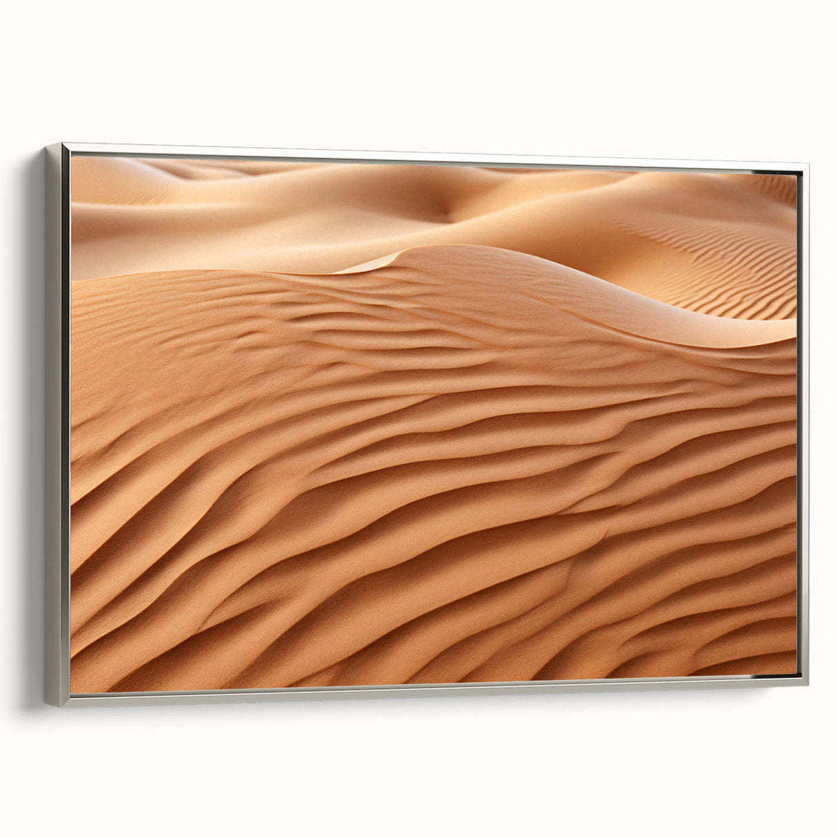 Framed canvas wall art showcasing a stunning desert landscape design, featuring vibrant colors and intricate details, elegantly displayed with a silver frame.