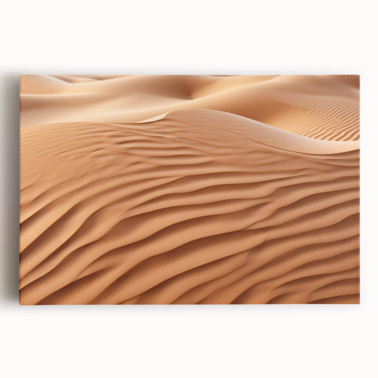 Vibrant stretched canvas wall art depicting a stunning desert landscape with warm hues of orange and yellow, perfect for enhancing home decor and creating a serene atmosphere.