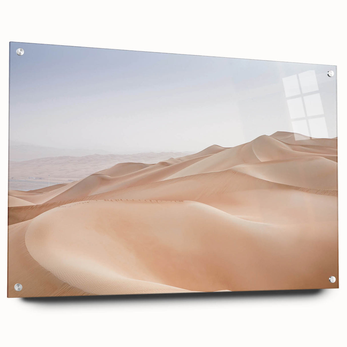 Acrylic glass wall art collection featuring a stunning desert landscape design, showcasing earthy tones and intricate details, mounted with stylish pins for display.