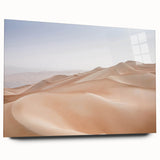 Acrylic glass wall art showcasing a vibrant desert landscape design, featuring warm tones of orange and yellow with intricate details, presented in a side view without pins. Perfect for home decor enthusiasts seeking unique landscape artwork.