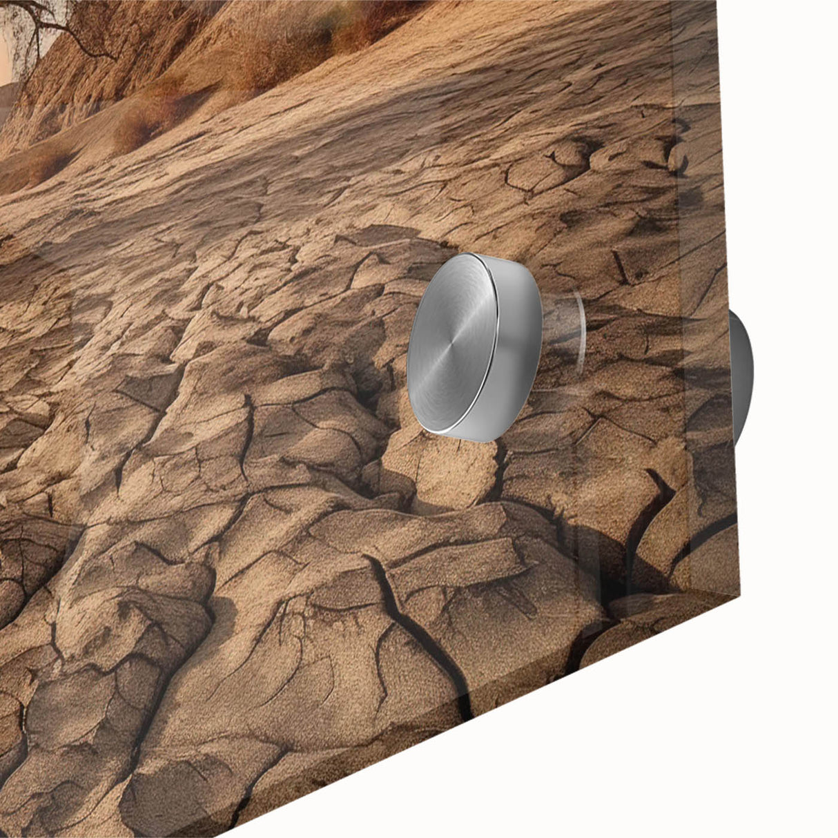 Close-up of a vibrant desert landscape wall art piece showcasing sand dunes and a striking sunset, printed on acrylic glass for a modern décor accent. Perfect for adding warmth and color to living spaces.