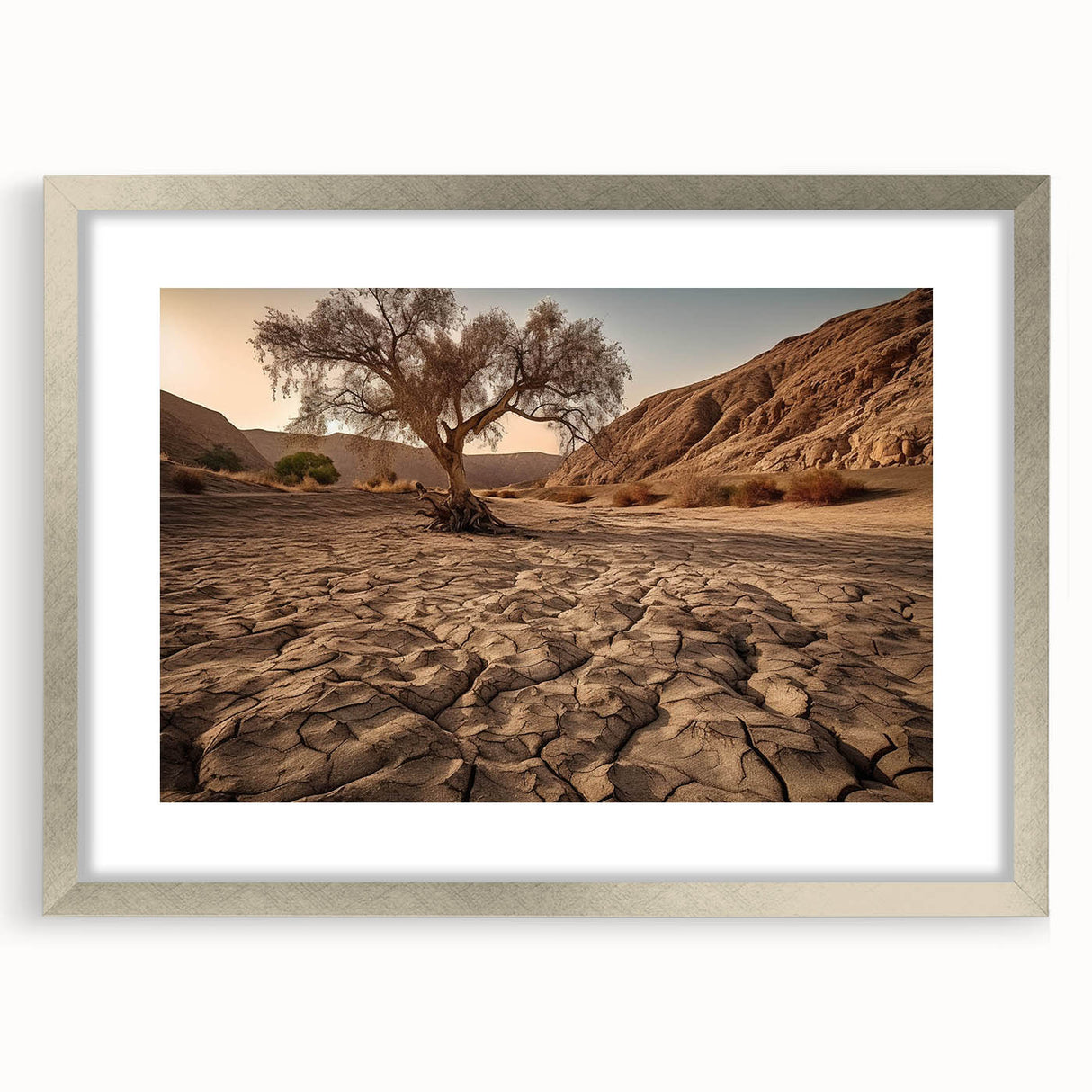 Framed silver wall art featuring a stunning desert landscape design, complete with a mat for an elegant presentation, ideal for home decor or office settings.