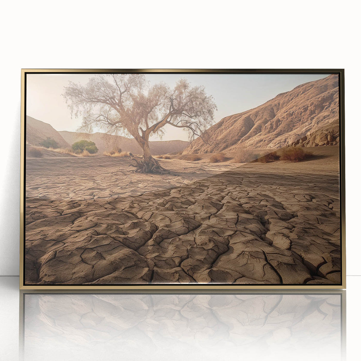 Framed acrylic wall art showcasing a stunning desert landscape design with golden accents, perfect for enhancing modern home decor and adding warmth to any space.
