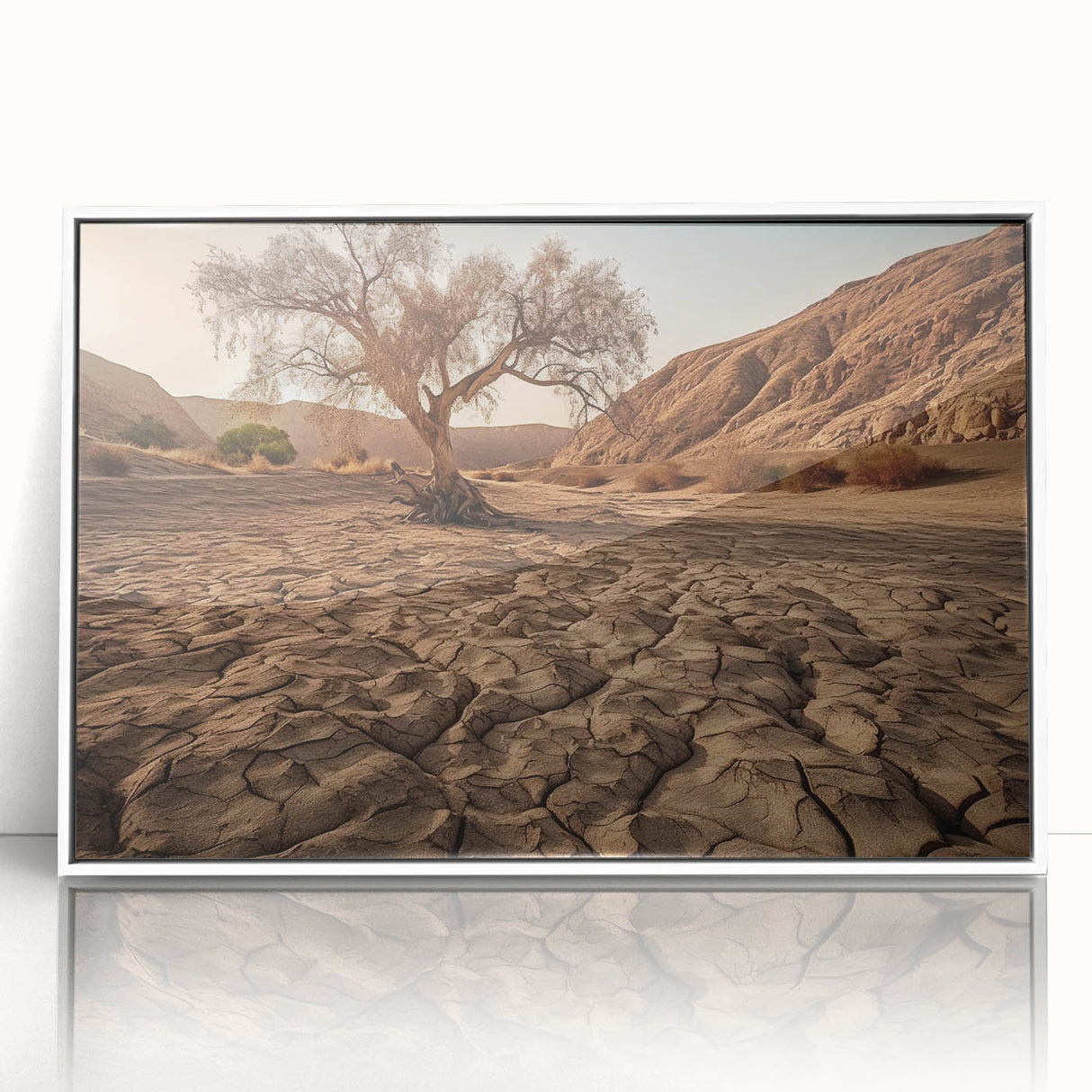 Framed acrylic wall art featuring a stunning desert landscape design with warm earthy tones, showcasing a serene scene that enhances modern home décor.