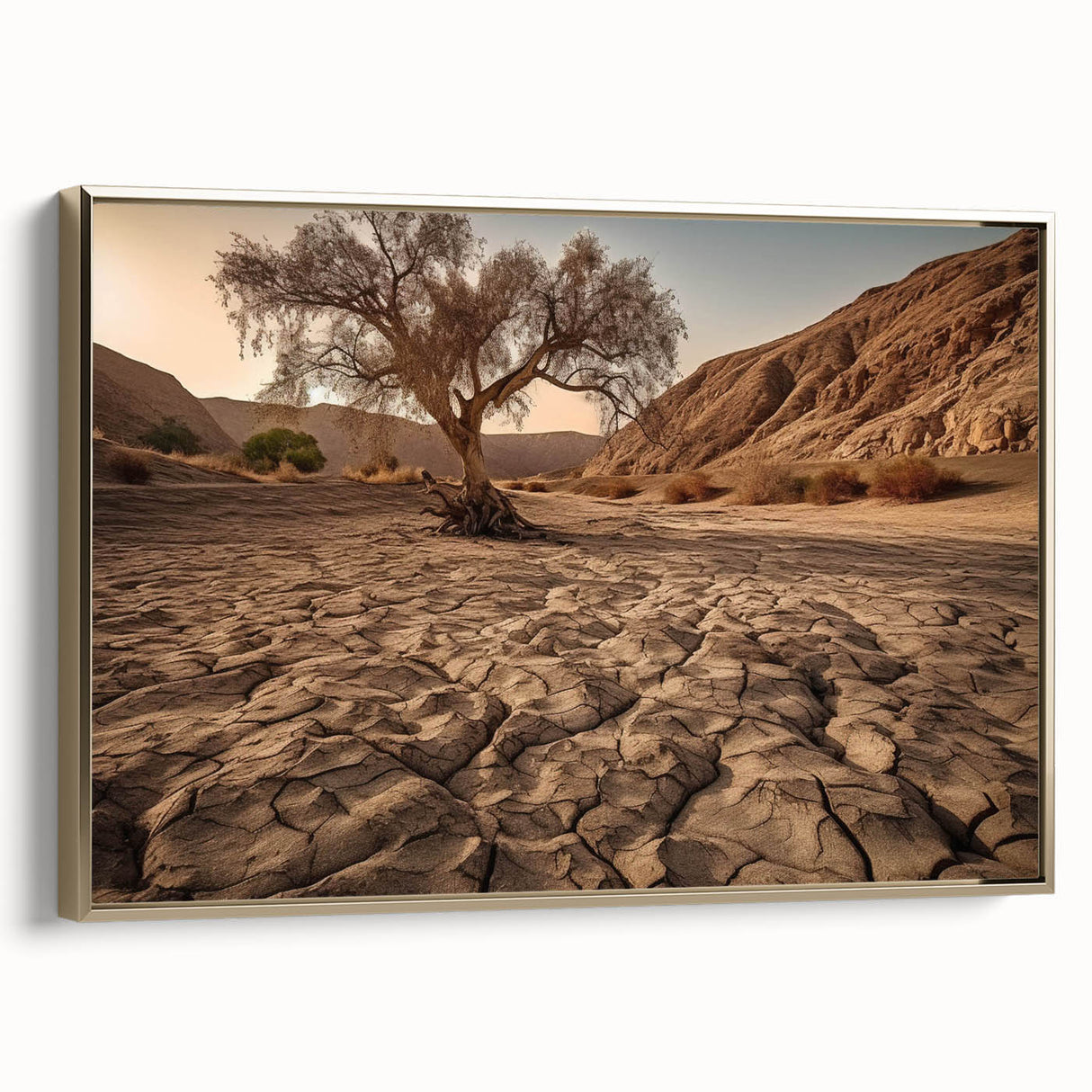 Framed canvas wall art depicting a vibrant desert landscape design, featuring warm gold accents and intricate details, perfect for modern home decor.