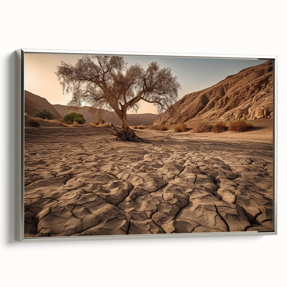 Framed canvas wall art showcasing a desert landscape design with vibrant colors, featuring a silver frame that enhances the artwork’s beauty, ideal for home decor.