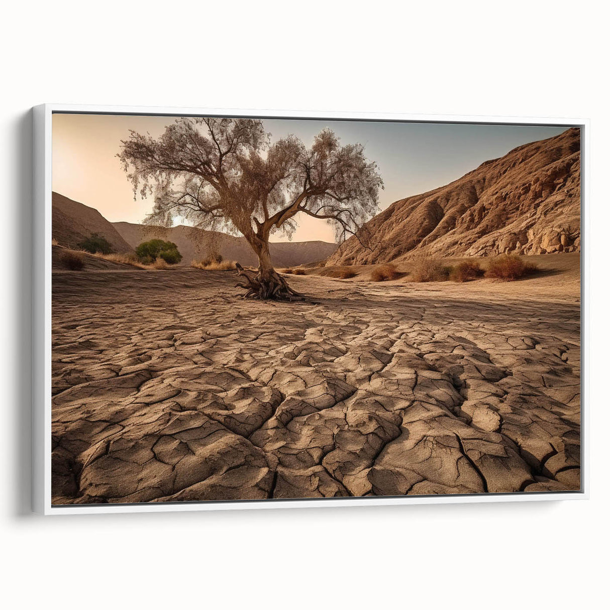 Framed canvas wall art showcasing a vibrant desert landscape design with warm tones of orange and yellow, set against a minimalist white frame, ideal for home decor.