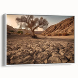 Framed canvas wall art showcasing a vibrant desert landscape design with warm tones of orange and yellow, set against a minimalist white frame, ideal for home decor.